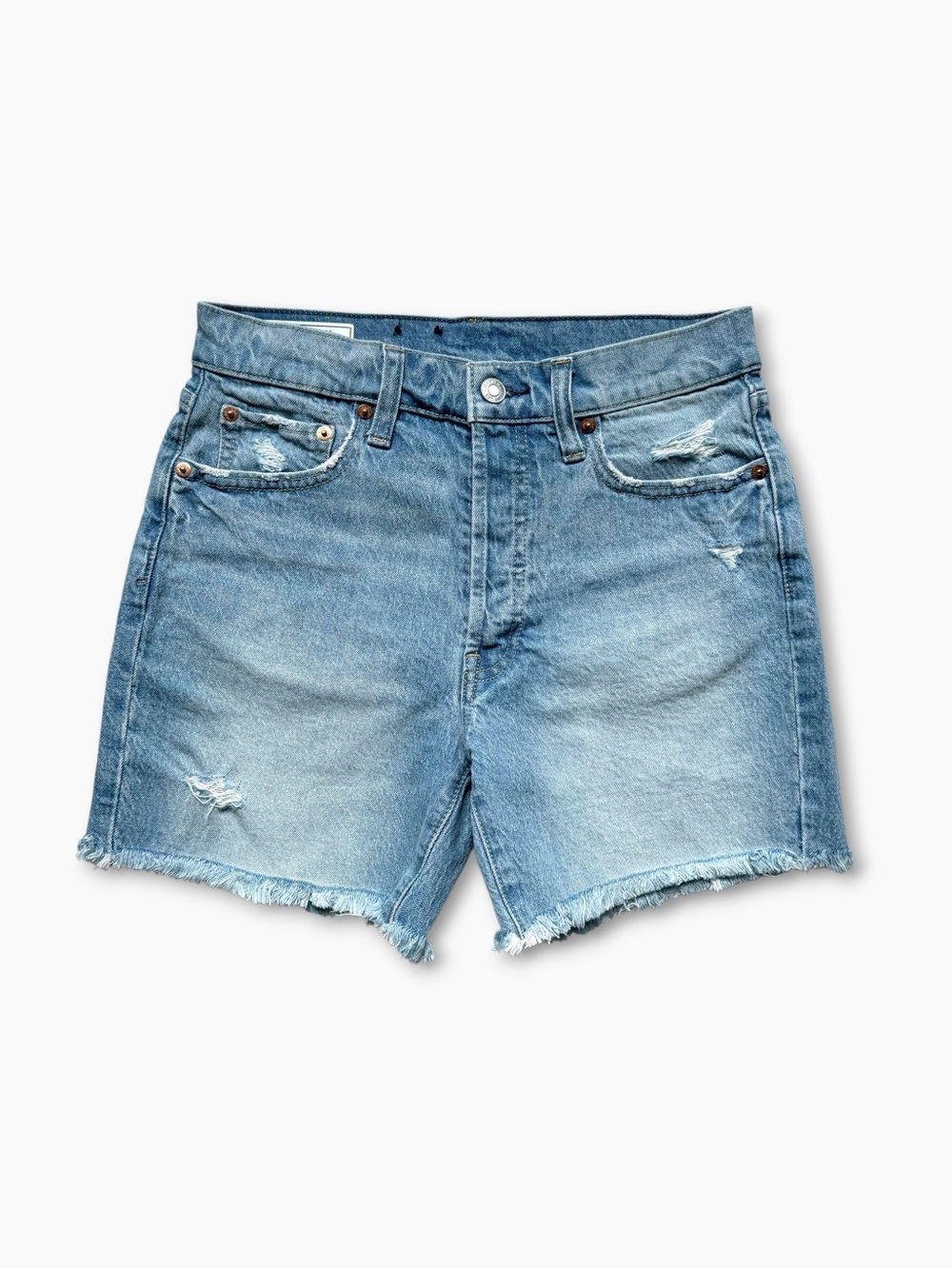 GAP Cheeky Midi Denim Shorts High Rise Distressed Raw Hem Light Indigo 26P